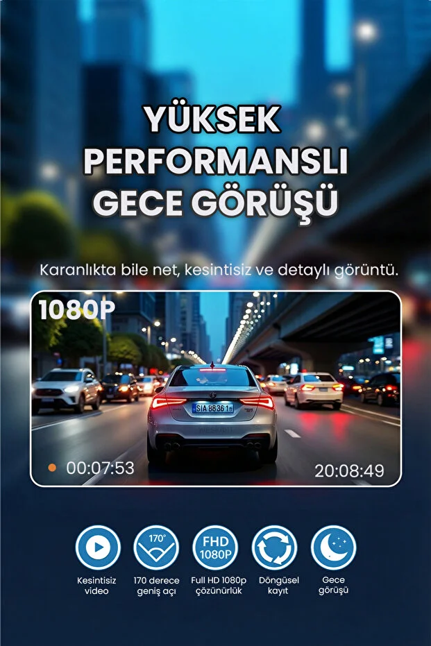 Full HD 1080P Araç İçi Kamera 170° Geniş Açı Gece Görüşlü Döngüsel Kayıt 3 Kanallı Dash Cam